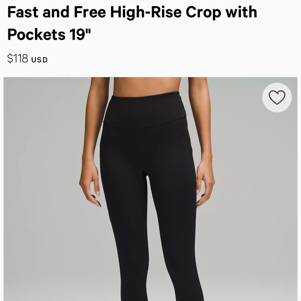 Lululemon Fast and Free High-Rise Crop with Pockets 19" size 4